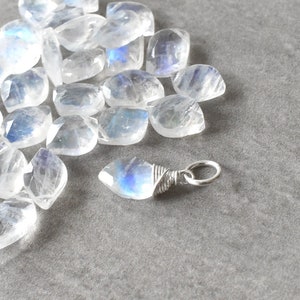 Small Blue Rainbow Moonstone Charm - Huggie Earring Hoop Drop - Silver, 14k Gold Wire Wrapped Natural Gemstone Jewelry - Petite Delicate