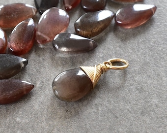 M - Rare Unique Cats Eye Sillimanite Gemstone Charm - Sterling Silver 14k Gold Wire Wrap Pendant for Chain - Natural Genuine Stone Red Grey