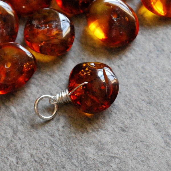 L - Natural Baltic Amber Jewelry - Orange Cognac Tree Resin Jewelry - Wire Wrapped Silver Charms, 14k Gold, Rose Gold -