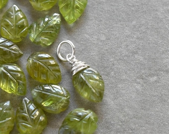 MLQ - Natural Green Peridot Leaf Charm - August Birthstone Necklaces - Wire Wrapped Pendant for New Mom or Grandmother - Crystal and Stone