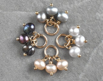 Tiny Trio Cluster - Black Peacock, Peach, Grey, White Pearl June Birthstone Charm - Freshwater Pearl Jewelry Dangle Charm Accent