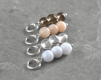 Tiny Trio Stack - Blue Agate, Smoky Quartz, Peach Moonstone, Clear Quartz - Wire Wrapped Stone Gem for Charm Bracelet Huggie Hoop Earrings