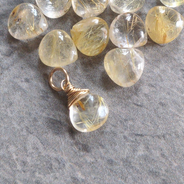 S - Golden Rutilated Quartz Pendant - Wire Wraped Gemstone Jewelry Handmade - Sterling Silver, 14k Gold - Semiprecious Crystals and Stones