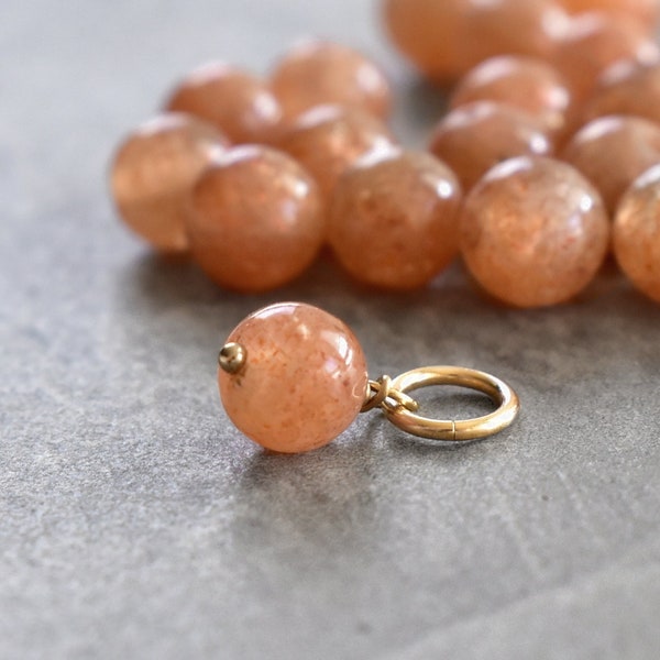 S - Warm Orange Indian Sunstone Charm - Silver, 14k Gold Wire Wrapped Gemstone Jewelry - Interchangeable Dangle for Huggie Earring Drops