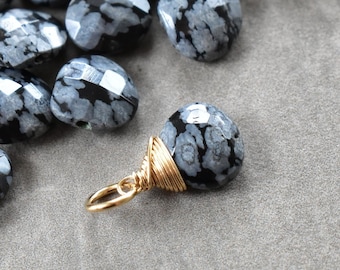 Lt - Simple Wire Wrapped Snowflake Obsidian Pendant - Black and White Gemstone Jewelry - Natural Crystalized Volcanic Glass - JustDangles