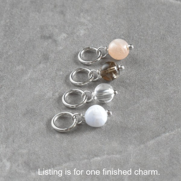 Tiny Solo - Peach Moonstone, Crystal Clear Quartz Ball, Blue Lace Agate, Smoky Quartz - Stone Charm Jewelry Solid 14k Gold Sterling Silver