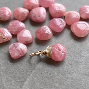 M - RUSTIC - Small Wire Wrapped Rhodochrosite Charm for Bracelet - Natural Pink Stone Pendant for Necklace - Silver, 14k Gold, Rose Gold