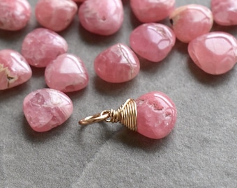 M - RUSTIC - Small Wire Wrapped Rhodochrosite Charm for Bracelet - Natural Pink Stone Pendant for Necklace - Silver, 14k Gold, Rose Gold