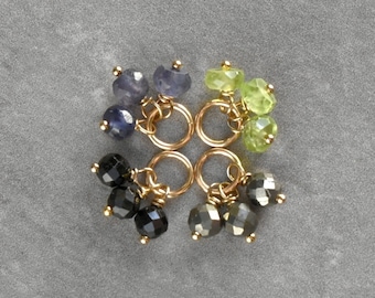 Tiny Trio Cluster - Green Peridot, Black Tourmaline, Grey Pyrite, Blue Iolite - Sterling Silver 14k Gold Huggie Earring Charms - JustDangles