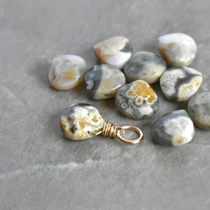 Orbicular Ocean Jasper Huggie Hoop Earring Charm Dangle Drop - Tiny Petite Small Natural Stone Pendant - Wire Wrapped Silver Gold