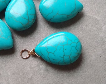 CLEARANCE - L - Huge DYED Turquoise Blue Howlite Pendant for Necklace - Wire Wrapped Stone Pendant - Silver 14k Gold Rose