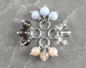 Tiny Trio Cluster - Blue Agate, Smoky Quartz, Peach Moonstone, Clear Quartz - Wire Wrapped Stone Gem for Charm Bracelet Huggie Hoop Earrings