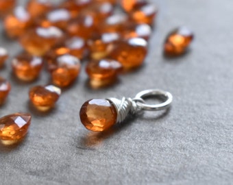 xS Burnt Mandarin Orange Garnet Charm - Wire Wrapped Necklace Charm - Charm for Bracelets for Women - Silver Charm - 14k Gold Charms