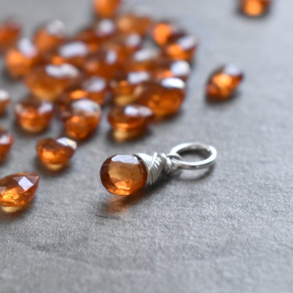 xS Burnt Mandarin Orange Garnet Charm - Wire Wrapped Necklace Charm - Charm for Bracelets for Women - Silver Charm - 14k Gold Charms
