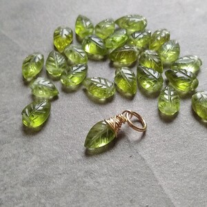 S - Tiny Natural Green Peridot Leaf Charm - August Birthstone Necklace - Wire Wrapped Pendant for New Mom Grandmother - Crystals and Stones