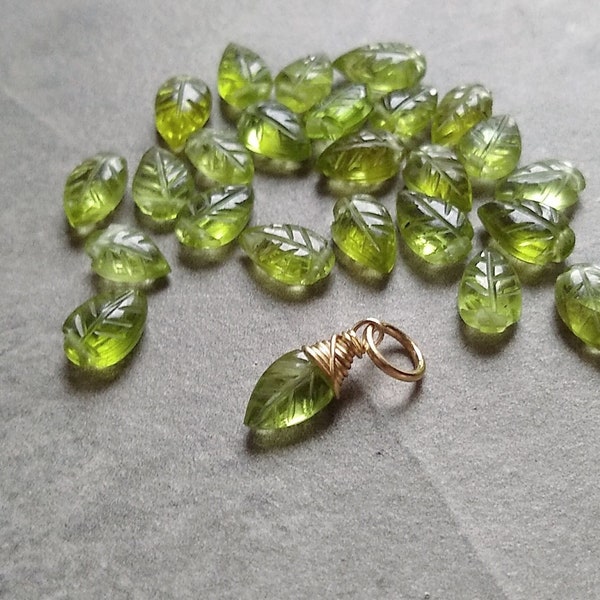 S - Tiny Natural Green Peridot Leaf Charm - August Birthstone Necklace - Wire Wrapped Pendant for New Mom Grandmother - Crystals and Stones