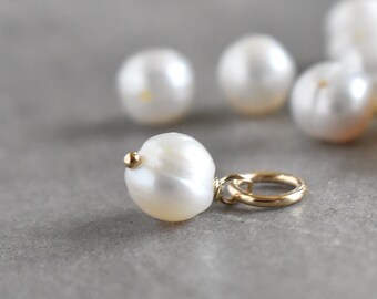 M Genuine White Pearl Charm for Bracelet or Huggie Earring Hoops - Freshwater Pearl Birthstone Pendant - Silver Solid 14k Gold Charms