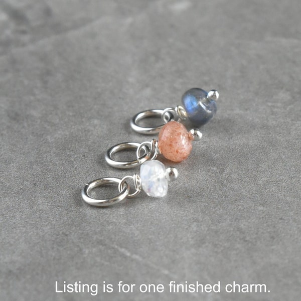 Tiny Solo Wire Wrapped Stone Charm - White Rainbow Moonstone, Grey Labradorite, Orange Sunstone - Sterling Silver 14k Gold Fill Solid Gold