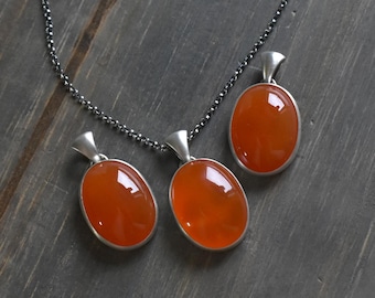 Halloween Jack O Lantern Pumpkin Face Pendant - Orange Carnelian Necklace - Spooky Autumn Fall Trick Treat - Aged Oxidized Sterling Silver