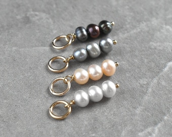 Tiny Trio Stack - Black Peacock, Peach, Grey, White Pearl June Birthstone Charm - Freshwater Pearl Jewelry Dangle Charm Accent