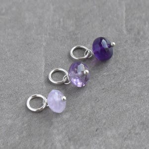 6-8mm Solo - Dark, Medium, Lavender Amethyst Charm Huggie Hoop Earring Dangle - Wire Wrap Everyday Jewelry - February Birthstone Pendant