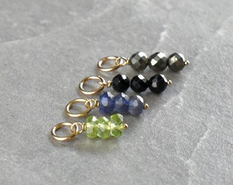 Tiny Trio Stack - Green Peridot, Black Tourmaline, Grey Pyrite, Blue Iolite - Sterling Silver, 14k Gold Huggie Earring Charms - JustDangles