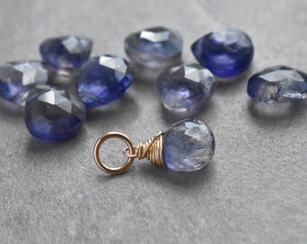 M - Denim Blue Iolite Gemstone - DIY Add On to Huggie Hoop Earring Dangles - Wire Wrap Stone Pendant - Modern Minimalist Casual Simple Cute