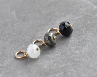 6-7mm Solo - Black Tourmaline, White Moonstone, Grey Pyrite Charm - Natural Stone Drop for Huggie Hoop Earring - Crystal Mineral Jewelry
