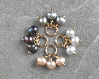 Tiny Trio Cluster - Black Peacock, Peach, Grey, White Pearl June Birthstone Charm - Freshwater Pearl Jewelry Dangle Charm Accent