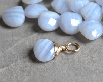Translucent Light Blue Lace Agate Jewelry - Crazy Lace Agate Pendant - 14k Gold Charm - Wire Wrapped Polished Stone Jewelry