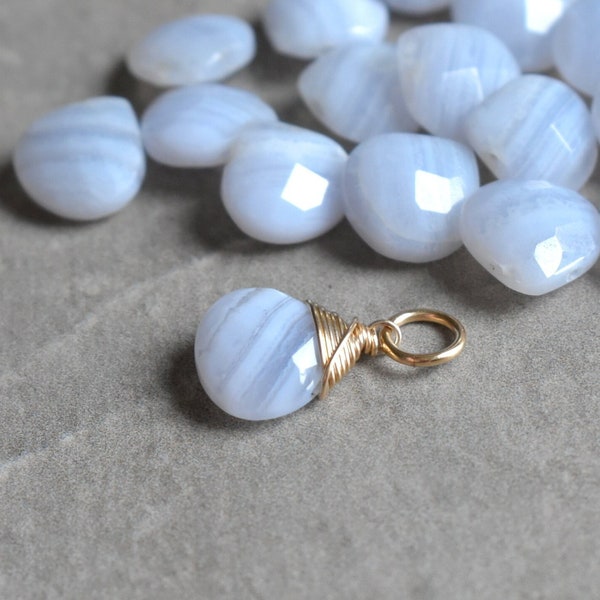 Translucent Light Blue Lace Agate Jewelry - Crazy Lace Agate Pendant - 14k Gold Charm - Wire Wrapped Polished Stone Jewelry