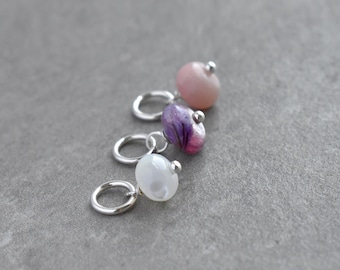 6-7mm Solo - Purple Mica Lepidolite, Peruvian Pink Opal, Mother of Pearl - Dangle Drop for Huggie Hoop Earring - Simple Modern Unique Custom