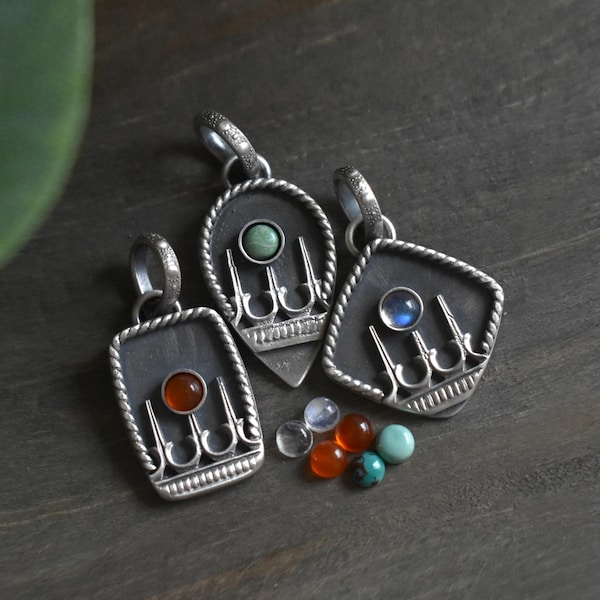 Dark Gothic Sterling Silver Pendant for Necklace Chain - Orange Carnelian, Blue Turquoise, White Moonstone - Oxidized Gemstone Jewelry