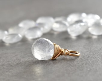 Natural White Moonstone Charm Jewelry - Small Simple Rainbow Moonstone Pendant - Sterling Silver, 14k Gold Wire Wrapped Stone Crystal