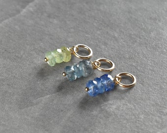 Tiny Trio Stack - Green, Blue, Teal Kyanite Jewelry - Wire Wrapped Stone Charm Drop - Silver, Gold, Rose Gold - Delicate Jewelry for Her
