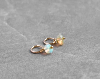 XS Tiny Solo - Natural Ethiopian Opal Jewelry - MultiColor October Birthstone Dangle - Sterling Silver Huggie Hoop Charm Drop - 14k Gold