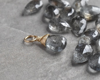 M - Rare Aquamarine Sunstone Charm - Hematite Goethite Inclusion - Blue Beryl Schiller Glitter - Wire Wrap March Birthstone Jewelry