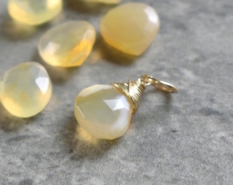 Soft Yellow - Mexican Fire Opal Jewelry - Wire Wrapped Necklace Charm - Natural Stone Pendant for Her - Silver, Rose Gold, 14k Yellow Gold