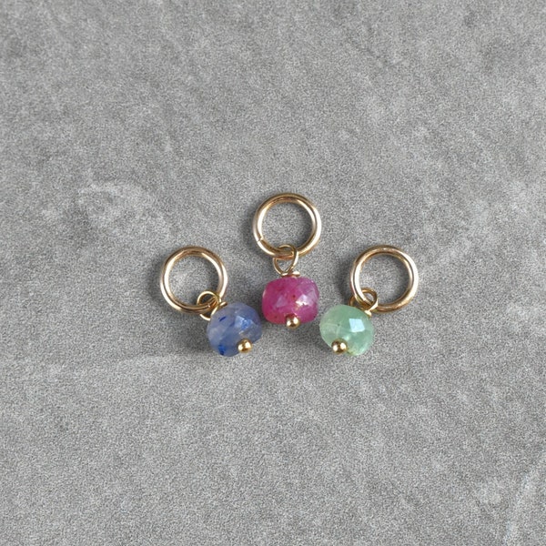 Tiny Solo -M - Natural Dark Pink Ruby Charm - Genuine Blue Sapphire - Real Green Emerald Drop -  May September July Birthstone - JustDangles