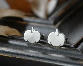 1 Pair - Sterling Silver Pumpkin Stud Earrings - Spooky Cute Halloween Jewelry - Fall Autumn October November Holiday Thanksgiving Gift Idea