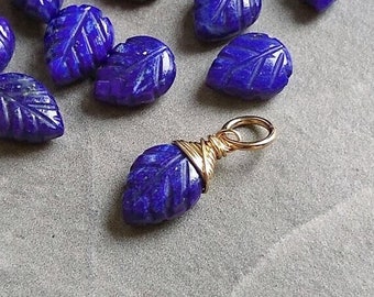 M - Genuine Lapis Lazuli Necklace Charm - Wire Wrapped Leaf Pendant - Mix Match Personalized Jewelry - Silver, Solid 14k Gold