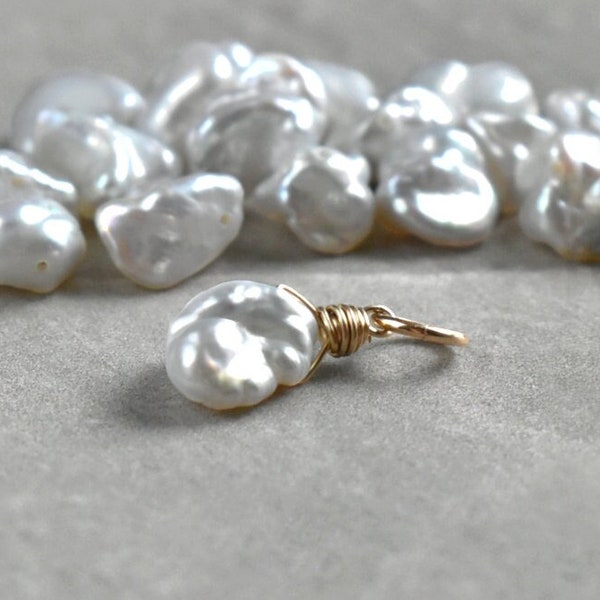 Silver White / Light Grey Pearl Charm for Necklace - Unique Cultured South Sea Keishi Pearl Jewelry - Bridesmaid Gift Ideas