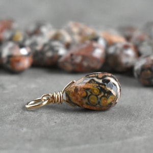 Natural Stone Leopard Skin Jasper Pendant for Necklace Chain or Charm Bracelet - Wire Wrapped Silver, 14k Gold, Rose Gold Filled