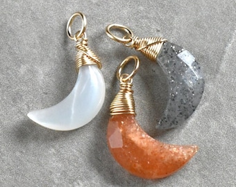 Crescent Moon Wire Wrapped Pendant - Orange Sunstone, White Moonstone , Black Sunstone - Celestial Body Space Astrology Astronomy