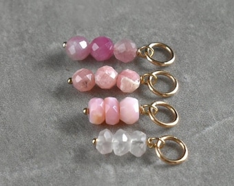Tiny Trio Stack - Pink Tourmaline, Rose Quartz, Rhodochrosite, Pink Opal - Sterling Silver 14k Gold Huggie Earring Charm - JustDangles