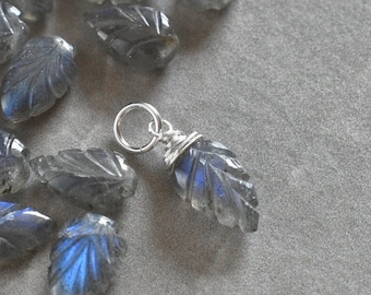 L - Blue Flash Labradorite Charm Wire Wrapped Silver 14k Gold Drop for Necklace Chain - Huggie Earring Hoop - Carved Gemstone Leaf