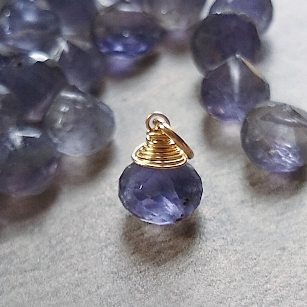FLAW CLEARANCE - Denim Blue Iolite Charm - Wire Wrapped Natural Gemstone Jewelry - Real Crystals and Stones - Sterling Silver 14k Gold