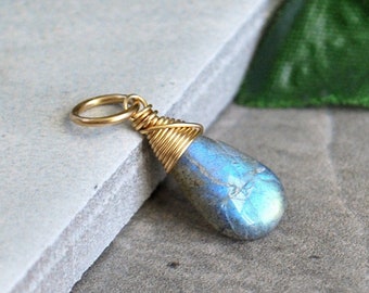 Imperfect - L - Polished Stone Pendant - Grey Labradorite Pendant - Sterling Silver Charm - 14k Gold Pendant - Wire Wrapped Jewelry Handmade