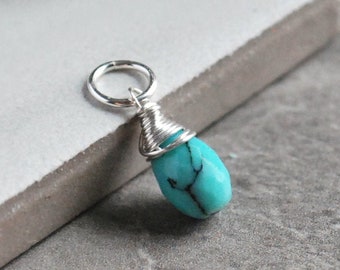 S - Simple Turquoise Stone Charm for Bracelets, Necklaces, and More - Wire Wrapped Genuine Turquoise Gemstone - Family Birthstone Jewelry