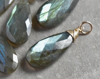 XXL - Wire Wrapped Natural Labradorite Stone Pendant for Necklace Chain - Hoop Earring Dangle Drops - JustDangles Handmade Jewelry